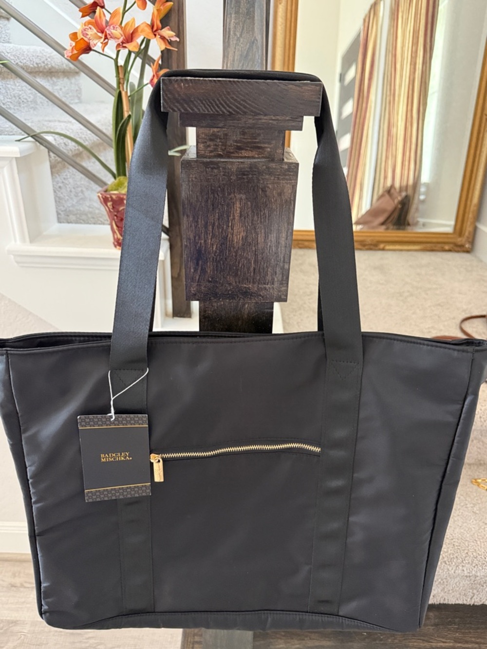 Black womens Nylon Tote Bag with Gold Zip